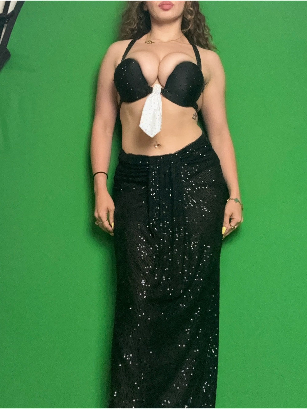 Belly dance Black Sequined Maxi Skirt with Black Tie-Front Bra